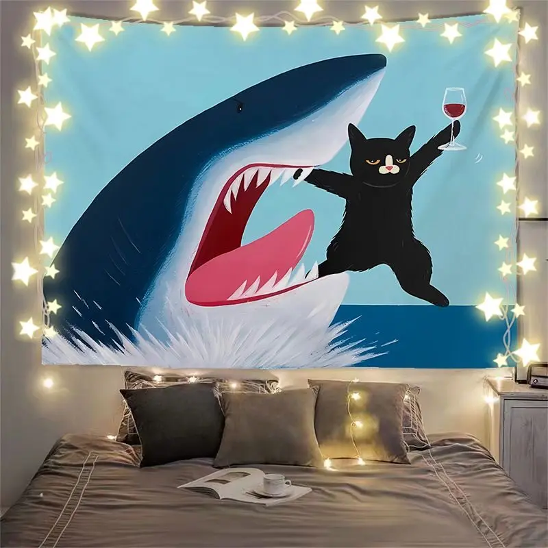 VIKAMA Funny Black Cat Shark Tapestry Sea Ocean Cartoon Art Print Wall Hanging Aesthetic Bedroom Dorm Home Decor