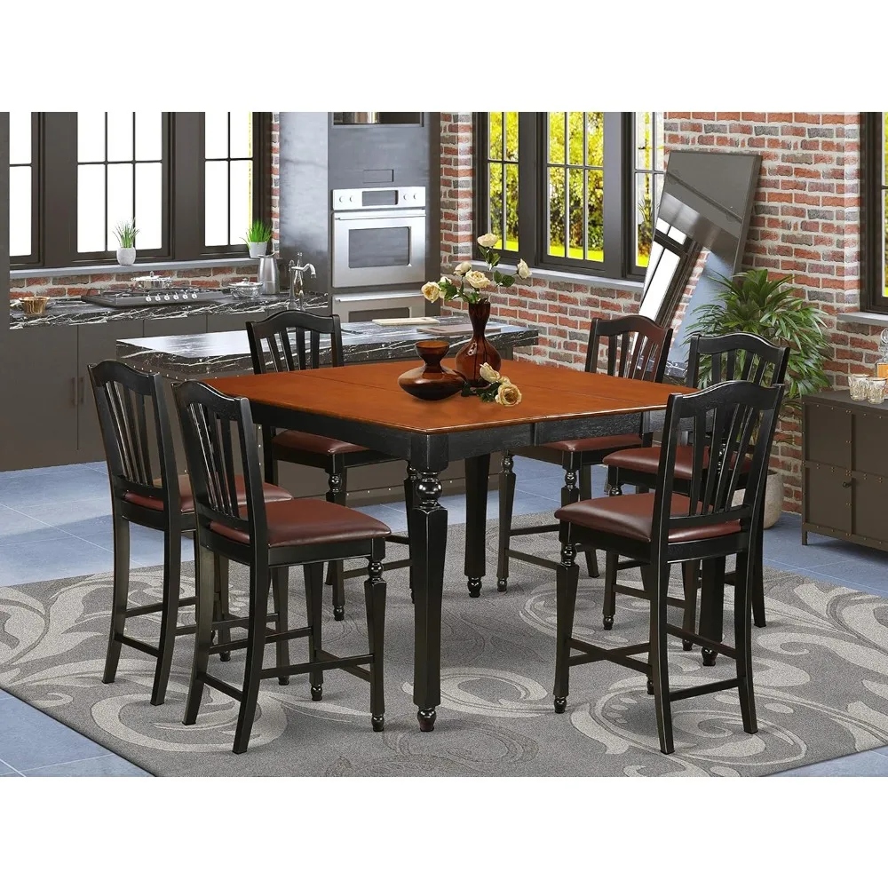 CHEL7-BLK-LC 7-piece kitchen counter set, including a square table with butterfly leaves and 6 faux leather dining chairs