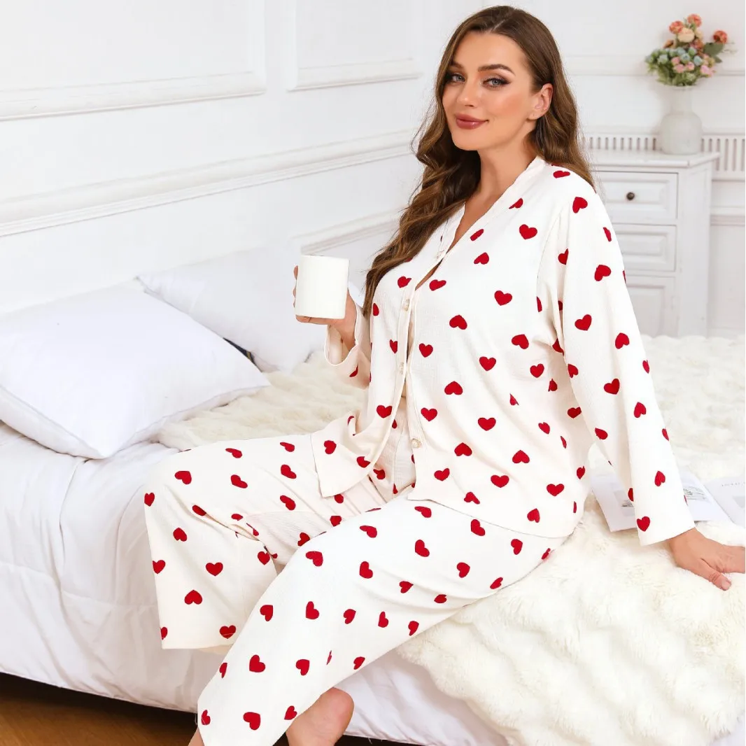 

Pajamas Women Heart-Shaped Print Long Sleeves Tops Trousers Sleepwear Comfortable Loose Home Wear Nightshirt Set Big Size