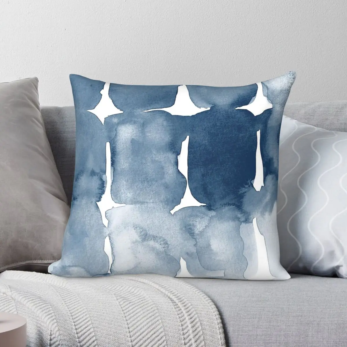 Navy Blue Hamptons Watercolour Square Pillowcase Polyester Linen Velvet Printed Zip Decor Pillow Case Home Cushion Cover