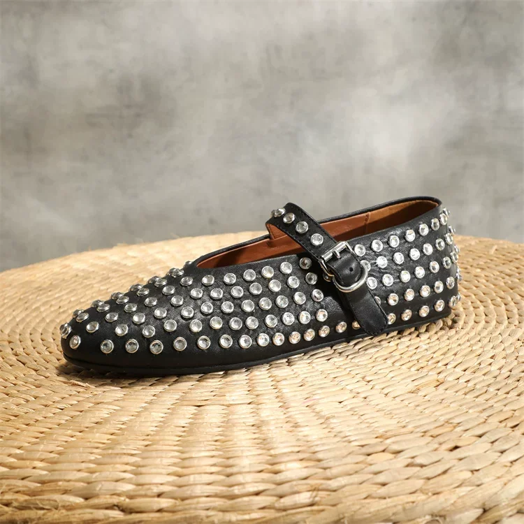 2026 New French Leather Round Head Rhinestone Rivet Mary Jane Single Shoe Fairy Flat Bottom Comfortable Ballet Dance Shoes