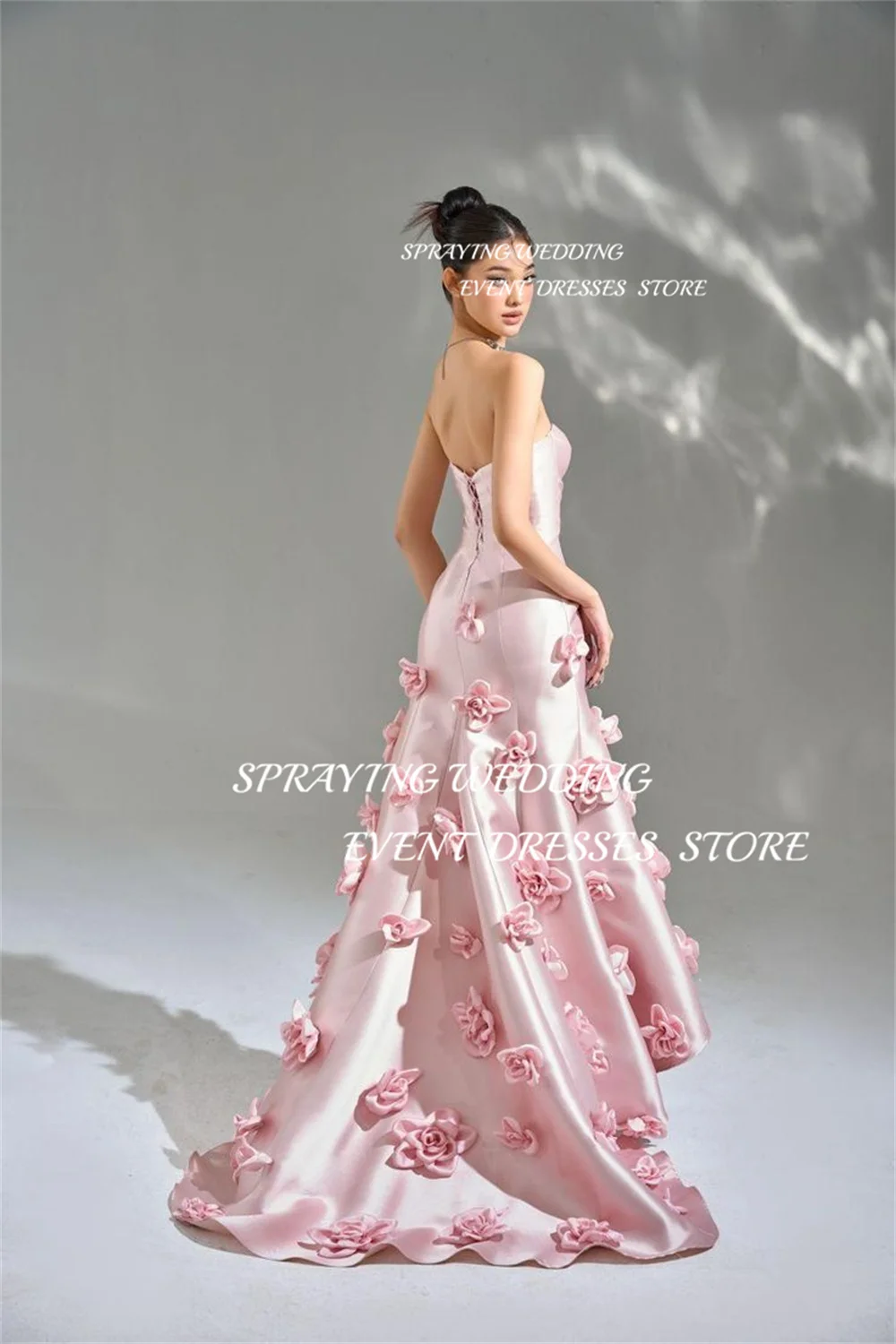 SPRAYING pink Exquisite Satin Sweetheart Sleeveless Party Dress handmade flower Long Evening Dress Floor-Length Formal Dress