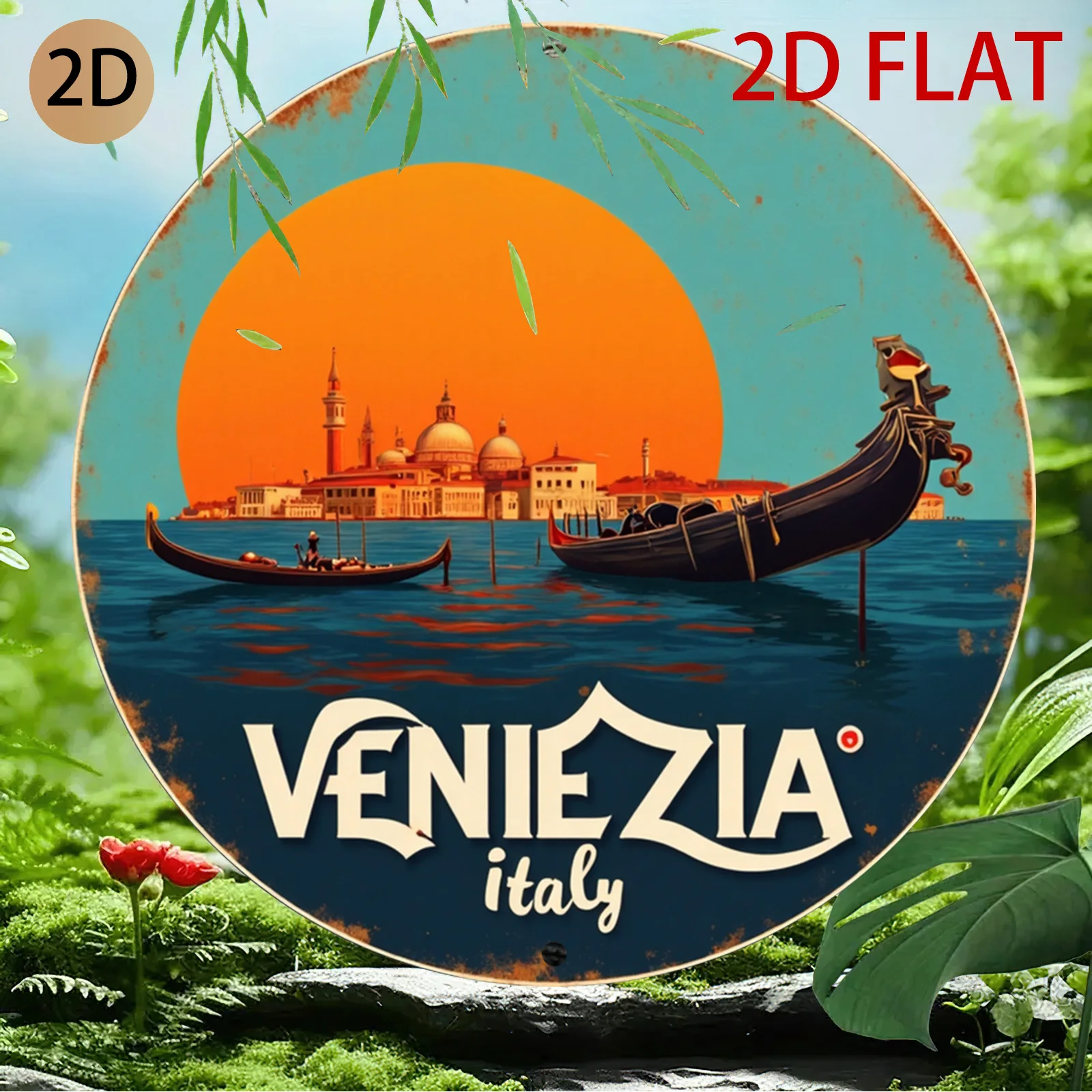 2D Flat, 2d Flat Vintage Metal Sign Venezia Italy Gondola Sunset Travel Poster Round Wall Art Decor for Cafe Bar Patio Home Deco