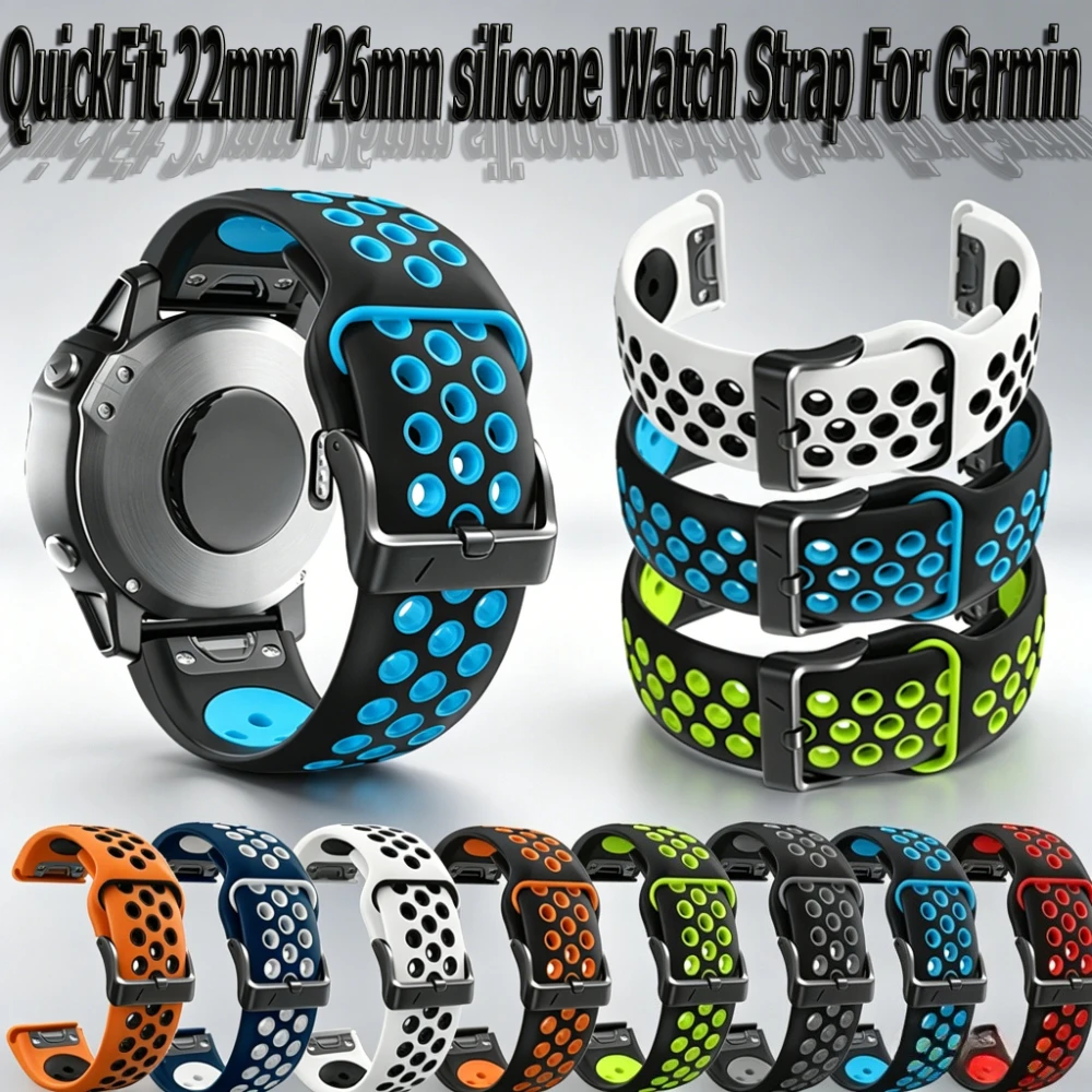 QuickFit 22/26mm silicone Watch Strap For Garmin watch Fenix 8 47 51mm 7 6 Pro/7X 6X  Instinct 2/3 45 50mm breathable Sport Band