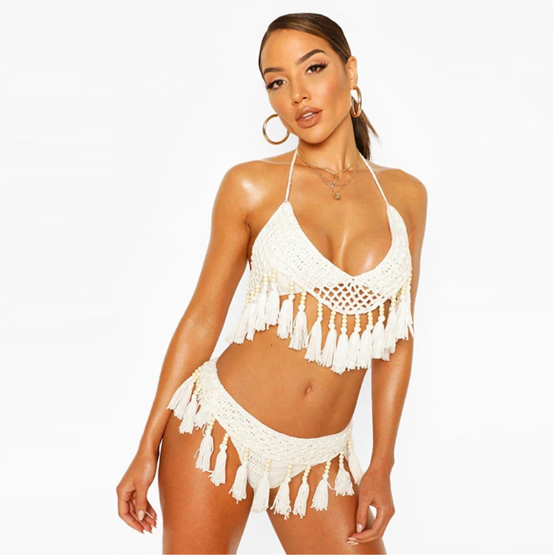 Imagem -03 - Feminino Sexy Tassel Bikini Conjunto Crochê Creme Maiô Rendas até Superior Preto Banho com o Talão Caqui Maiô Customizável