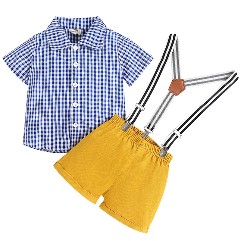 

3PCS Summer Baby Boy Set Clothes Korean Fashion Gentleman Suit Plaid Short Sleeve Cotton Tops+Shorts+Straps Kids Clothing BC673