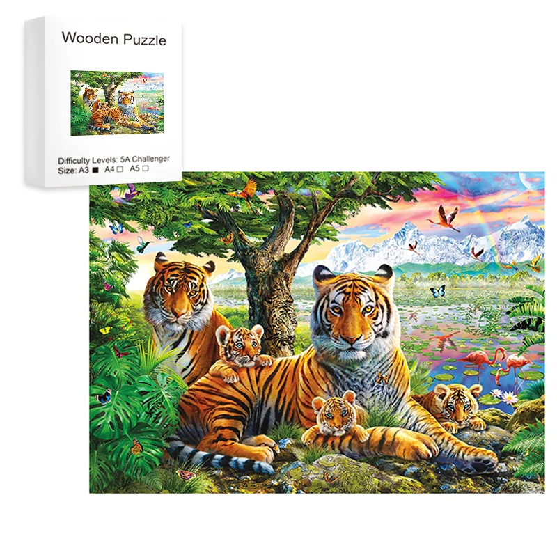 Tiger Family-Wooden Jigsaw Puzzle Art, Unique Animal Shaped Pieces, DIY Leisure Game Fun Toy Gift Suitable Family Friends