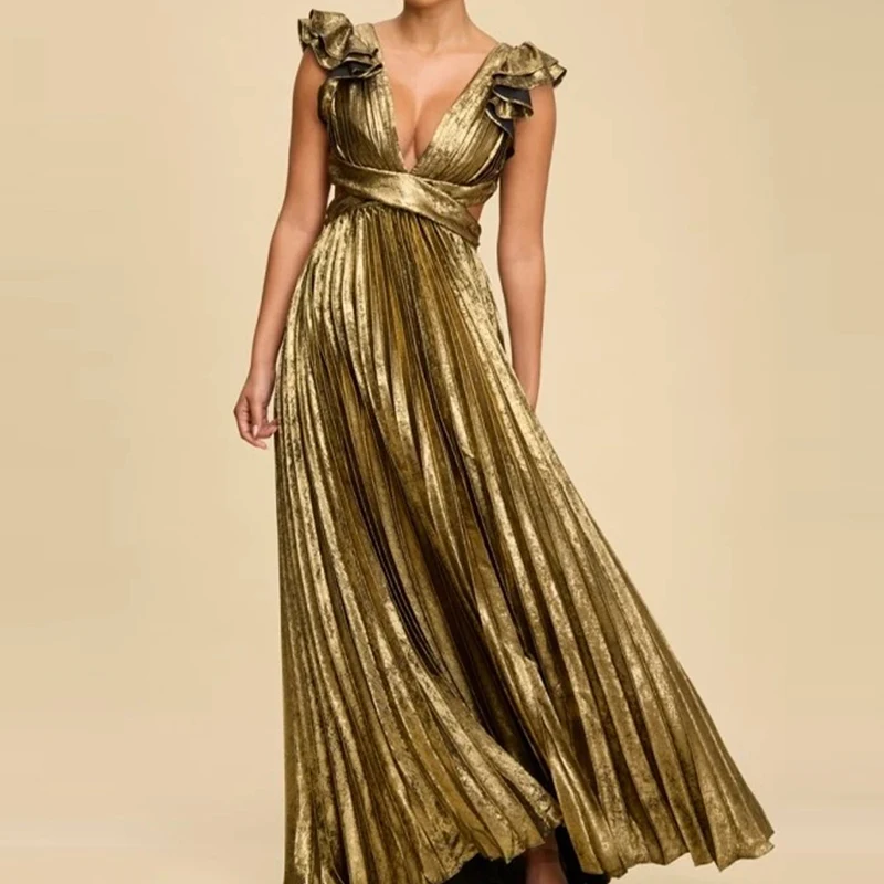 سيدة الموضة ثنيات الخصر سوينغ فستان طويل مثير عارية الذراعين ضمادة الدانتيل متابعة ثوب مجوف أنيق الخامس الرقبة بلا أكمام فستان الحفلات الصلبة #1