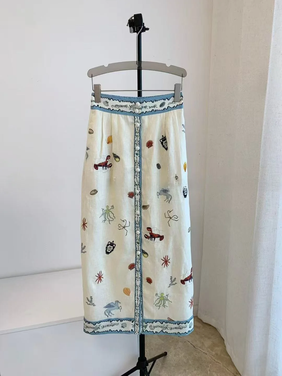 

mais Australian Retro Linen Buttoned Oceanic Embroidery Straight High Waist Skirt Summer New Arrival Women's Faion