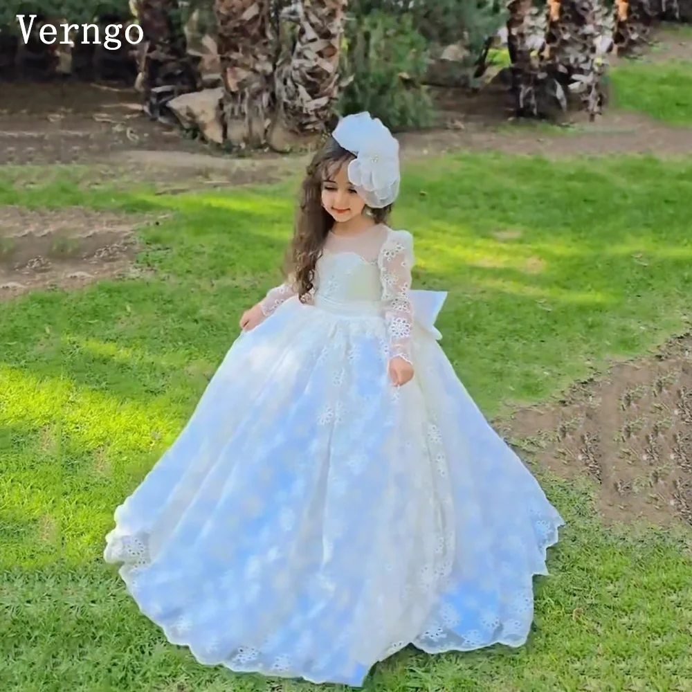 

Verngo lvory Flowers A Line Flower Girl Dress High Neck Full Sleeves Bow Princess Girl Birthday Party Dress Tutu Customized