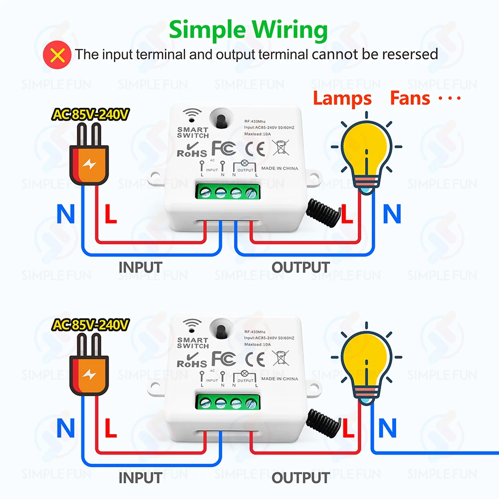 Mini interruttore della luce del telecomando Wireless 433MHz, trasmettitore 1/2/3/4 Gang 50m, modulo relè RF 110V 220V 10A, per ventola a LED ON OFF