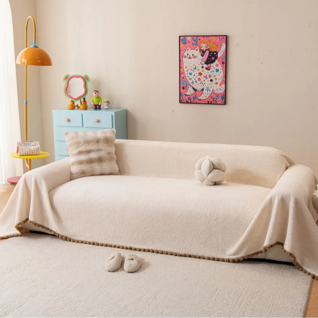 Chenille Sofa Throw Blanket Gentle Double-Sided Design Soft Warm Couch Cover with Tassels for Living Room Winter Decor