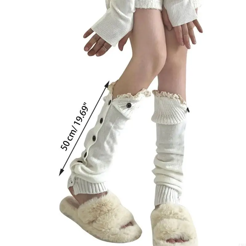 P88A 1 Đôi Tất Giữ Ấm Chân Mùa Đông Nữ Dệt Kim Nút Xuống Xù Viền Ren Tất Dài