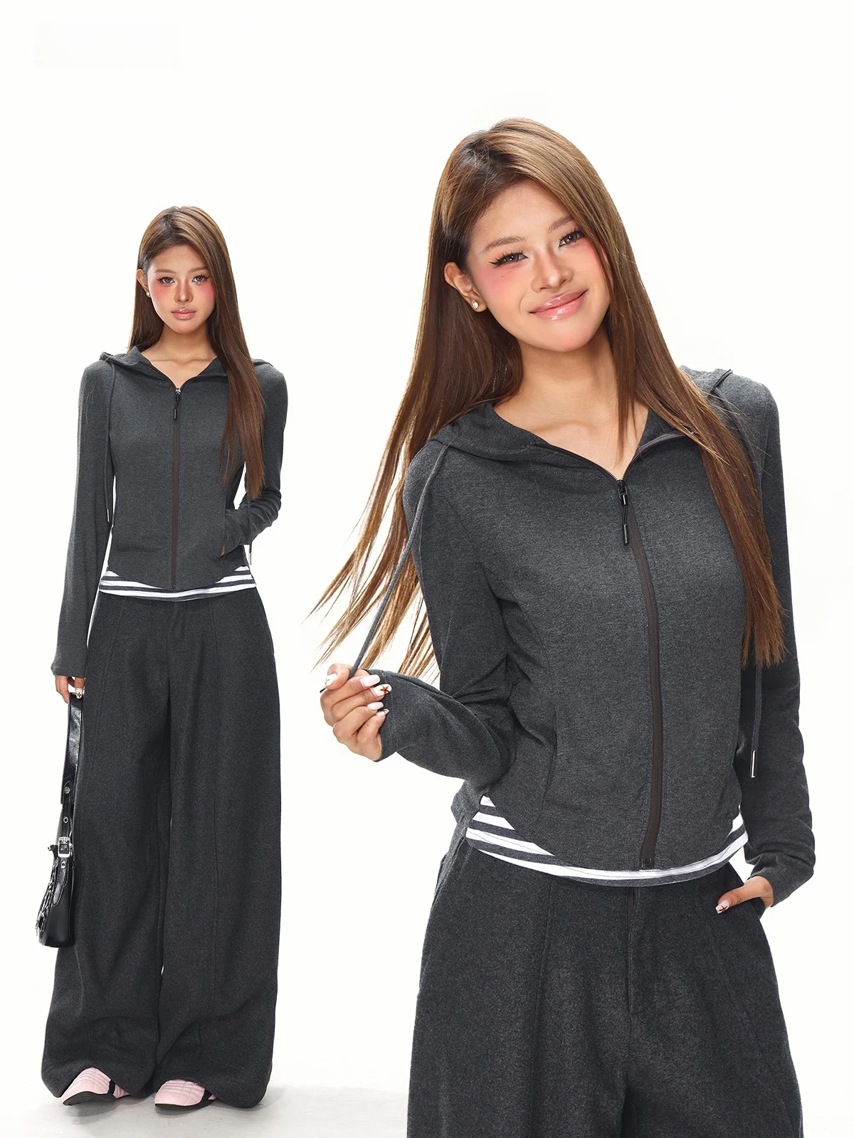 

Loose Casual Hooded Striped Long Sve Women's Jaet Winter Zipper Outerwear American Sle Fake Two-Piece Pattern