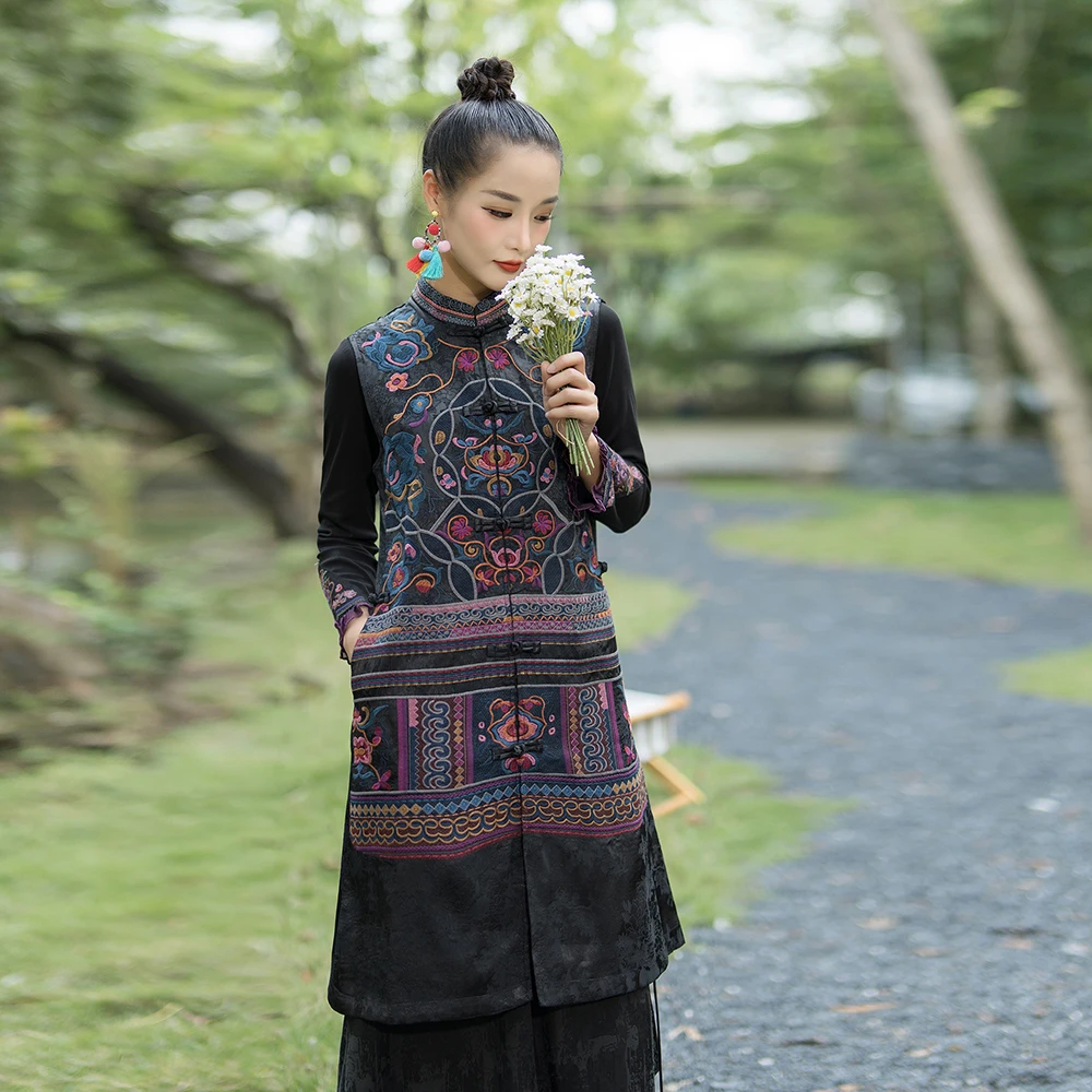 Elegant Long Embroidered Vest Heavy Embroidery Sleeveless Jacket Chinese Style Coat Improved Version Commute Style Pure Color