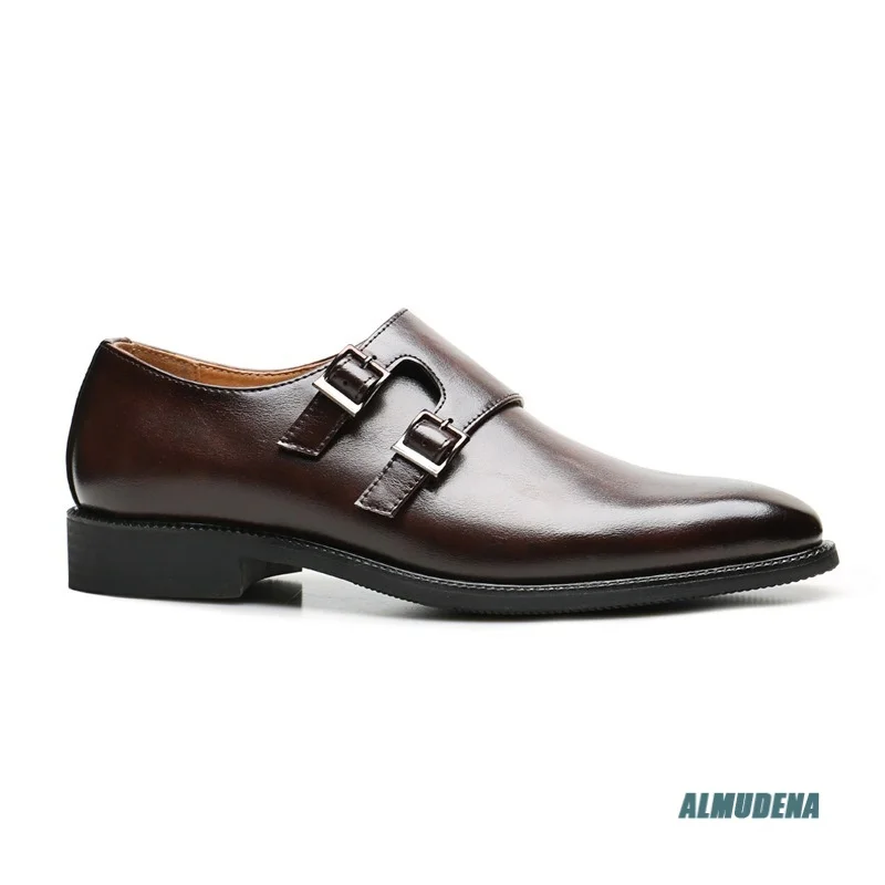 Dark Brown Men's Round Toe Double Strap Dress Shoes Street Style Fashion Business Wedding Formal Daily Wear Casual Shoes