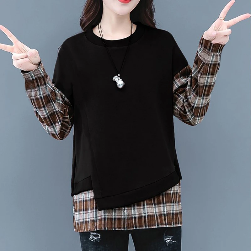 Women Trendy Retro Casual Streetwear Plaid Patchwork Asymmetrical Sweatshirts Y2K Female O Neck Long Sleeve Loose Pullover Tops