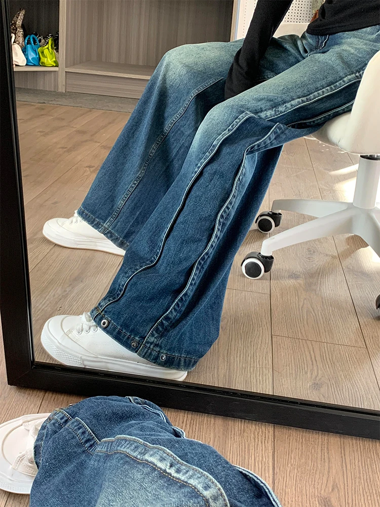 Blauwe damesjeans hiphop mode vintage streetwear Y2K wijde pijpen rechte jeans hoge taille broek klassieke wijde denim broek