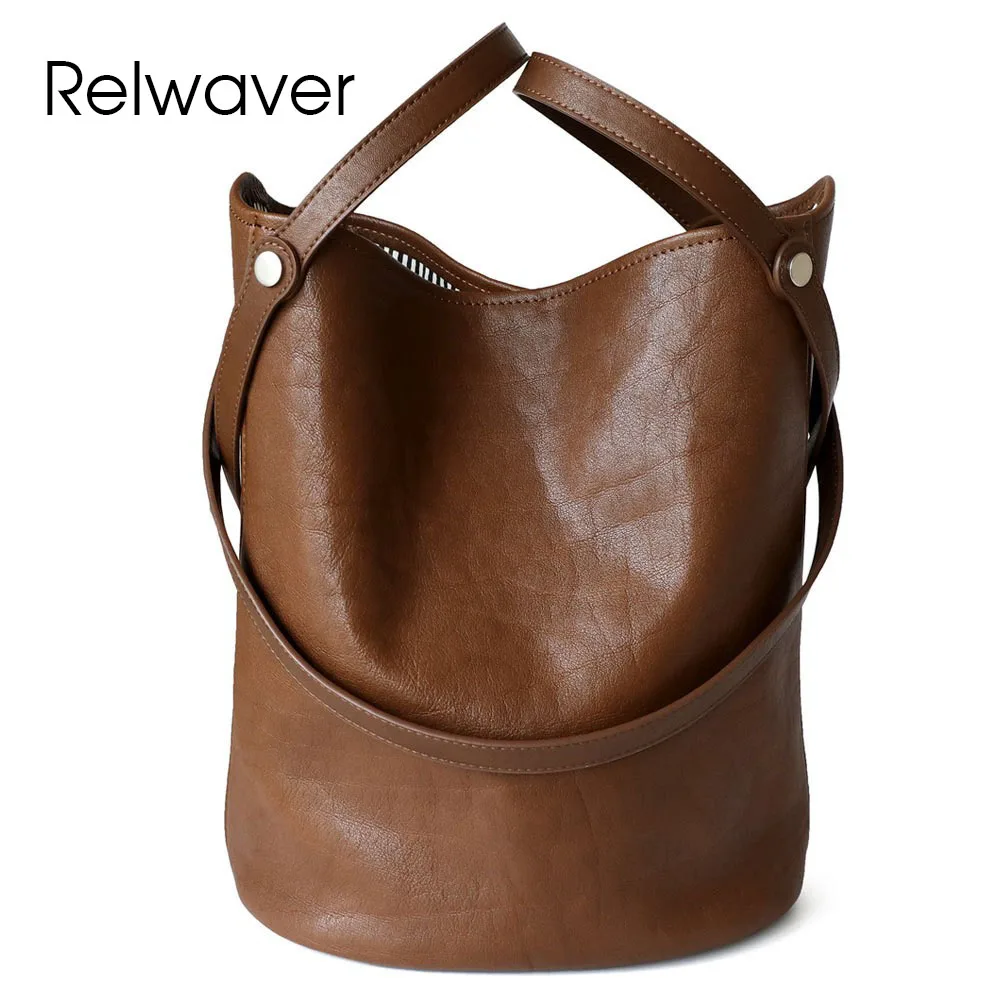 

Relwaver women shoulder bag tree cream cow leather bucket bag 2024 winter brown vintage style chic big commuting ladies handbags