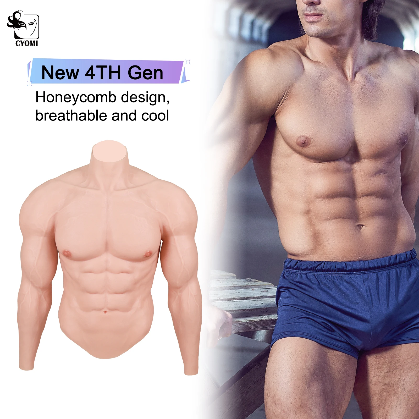 CYOMI Silicone Muscle Male Chest Fake Belly Muscle BodySuit Strong Figure Crossdresser Macho Cosplay Costume Halloween Carnival