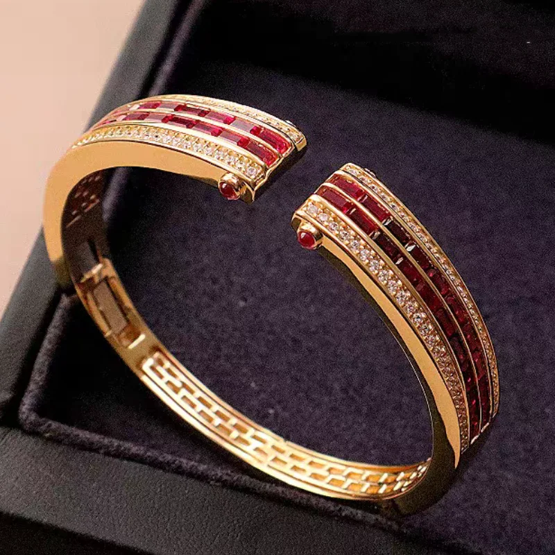 

ZOCA New Retro Opening Bracelet Women Red Crystal 925 Sterling Silver Luxury Fine Girls Vintage Jewelry Gift