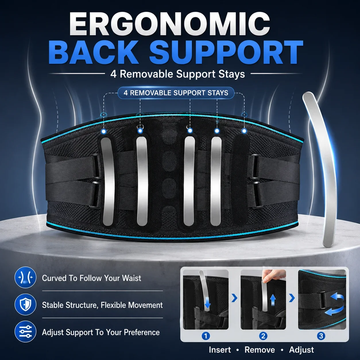 Adjustable Lumbar Support Belt 8 Compression Straps 4 Removable Stays Breathable Back Brace for Men Women Office Driving Fitness