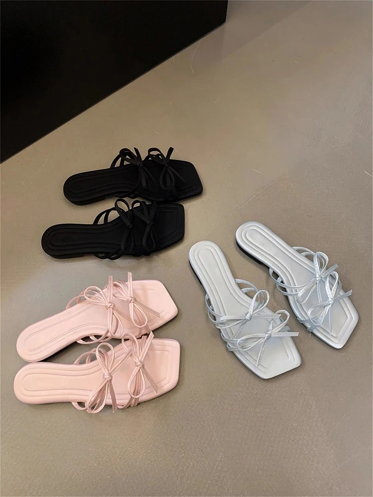 

Ele Fairy Sle Сандалии с открытым носком Женская летняя уличная одежда Новые юбки в тон с узлом Vaion Slip-On oes