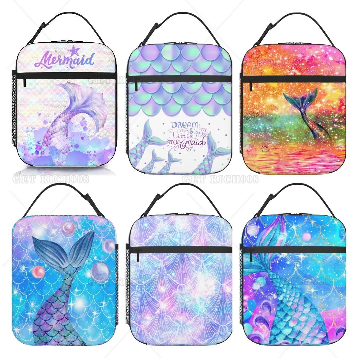 

Watercolor Purple Mermaid Tail Lunch Bag Sequin Mermaid Lightweight Reusable Insulated Lunch Box Portable for Girls Women