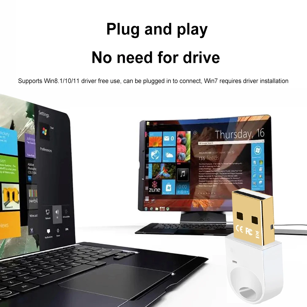 

USB BT Adapter Supports Win11/10/8.1 Wireless BT Transmitter Receiver Plug and Play for PC Mouse Keyboard Headphones Speakers