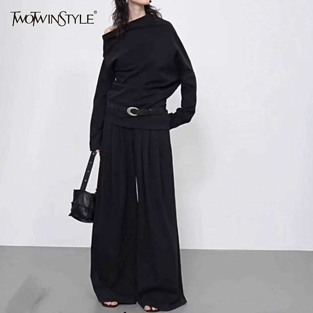 

TWOTWINSTYLE Solid Spliced Folds Two Piece Set Female Diagonal Collar Long Sleeve Shirt Basics Women's Pants Set Summer Fashion