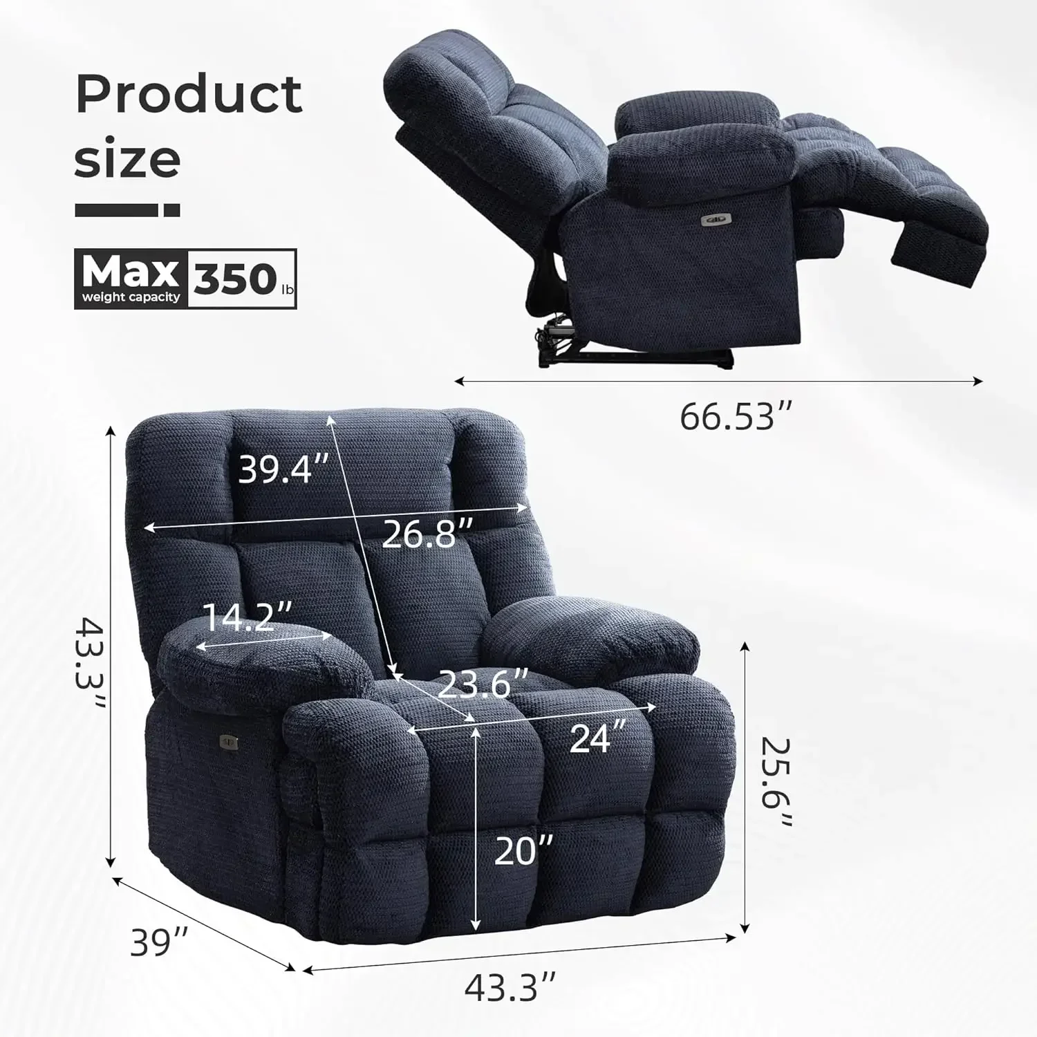 Oversized Power Recliner Chairs for Adults, Electric Reclining Chairs, Soft Fabric Overstuffed Single Recliners Chair ，Grey