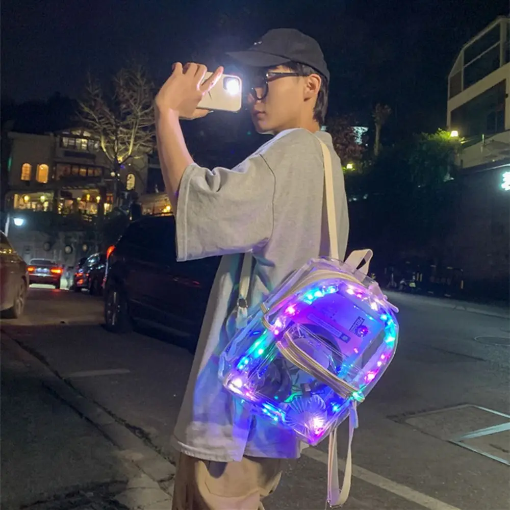 

Large Capacity LED Lights Schoolbag Waterproof Zipper Close PVC Transparent Backpack Adjustable Straps Visible