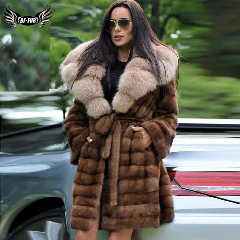 BFFUR Luxury Natural Real Mink Fur Coat With Fox Fur Collar Women Winter Full Sleeve Jackets Female Full Pelt Long Mink Fur