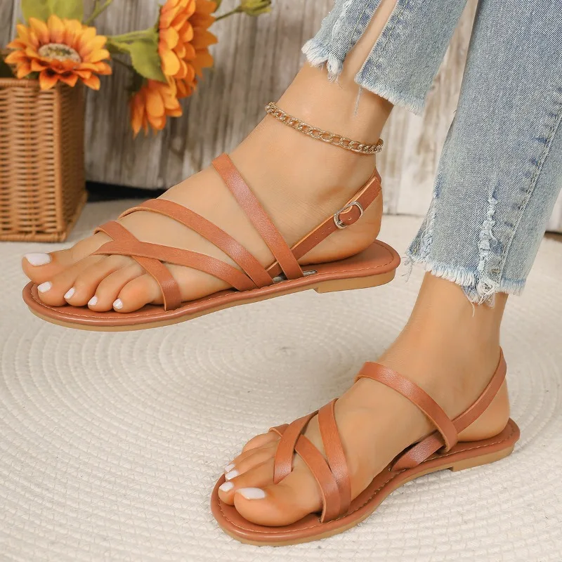 Sandały damskie 2024 Summer New Fashion Round Toe Open Toe Sandały Casual Flat Solid Color Clip-toe Beach Sandały Zapatillas Mujer