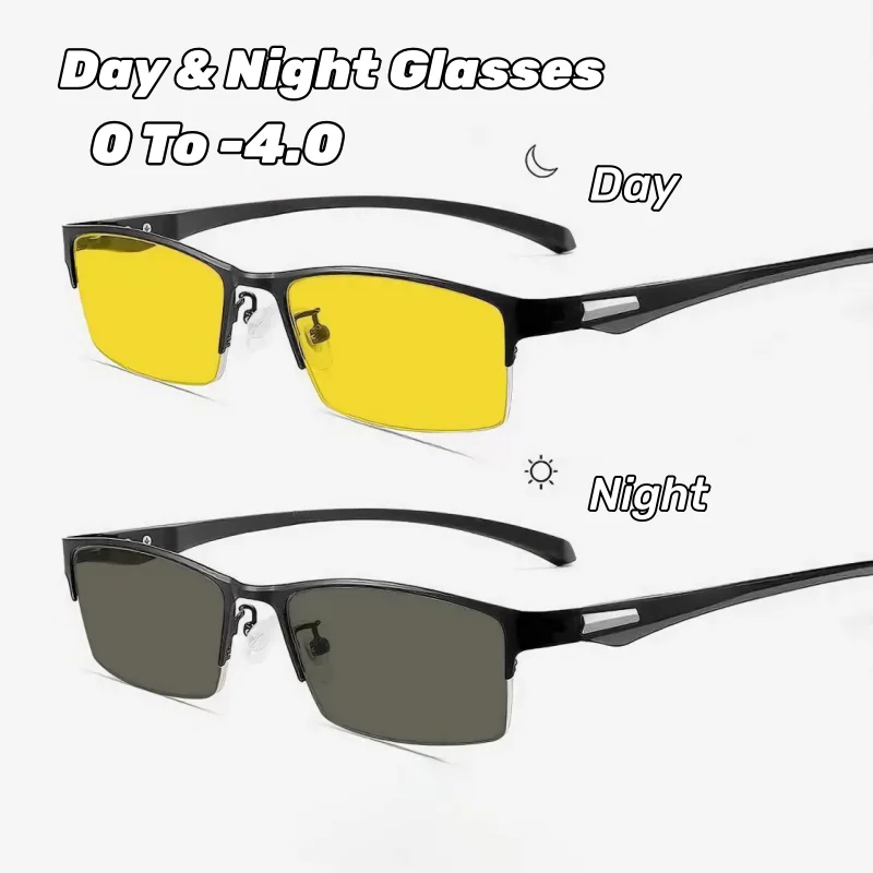 

Metal Half-frame Photochromic Night Vision Myopia Glasses Day & Night Dual-Use Anti-Glare UV Protection Driver's Glasses