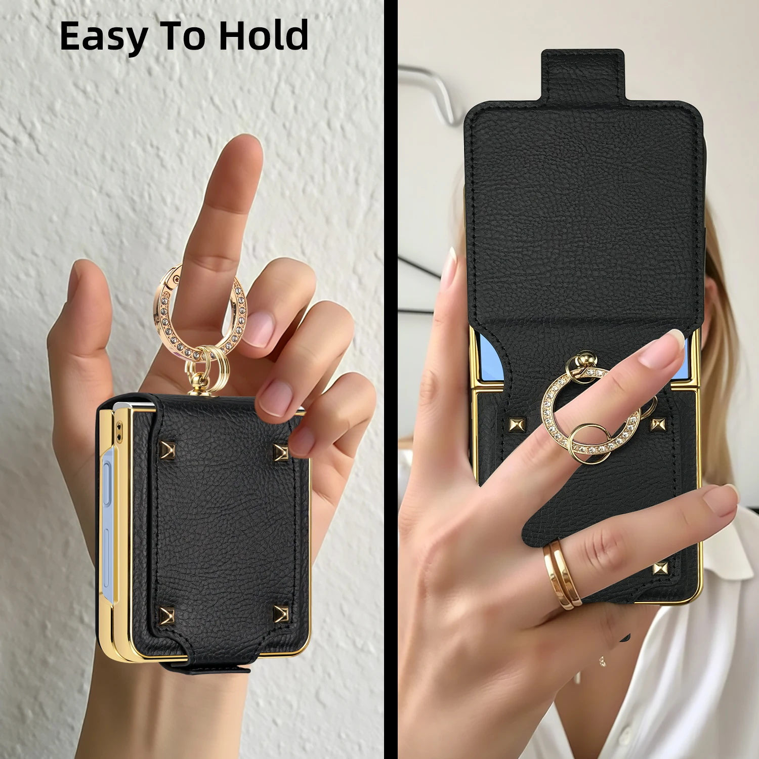 

Fashion Z Flip 7 Case With Finger Ring,Plating Faux Leather Phone Case For Galaxy Z Flip 7 6 5 4 3, Black,Front Screen Protector