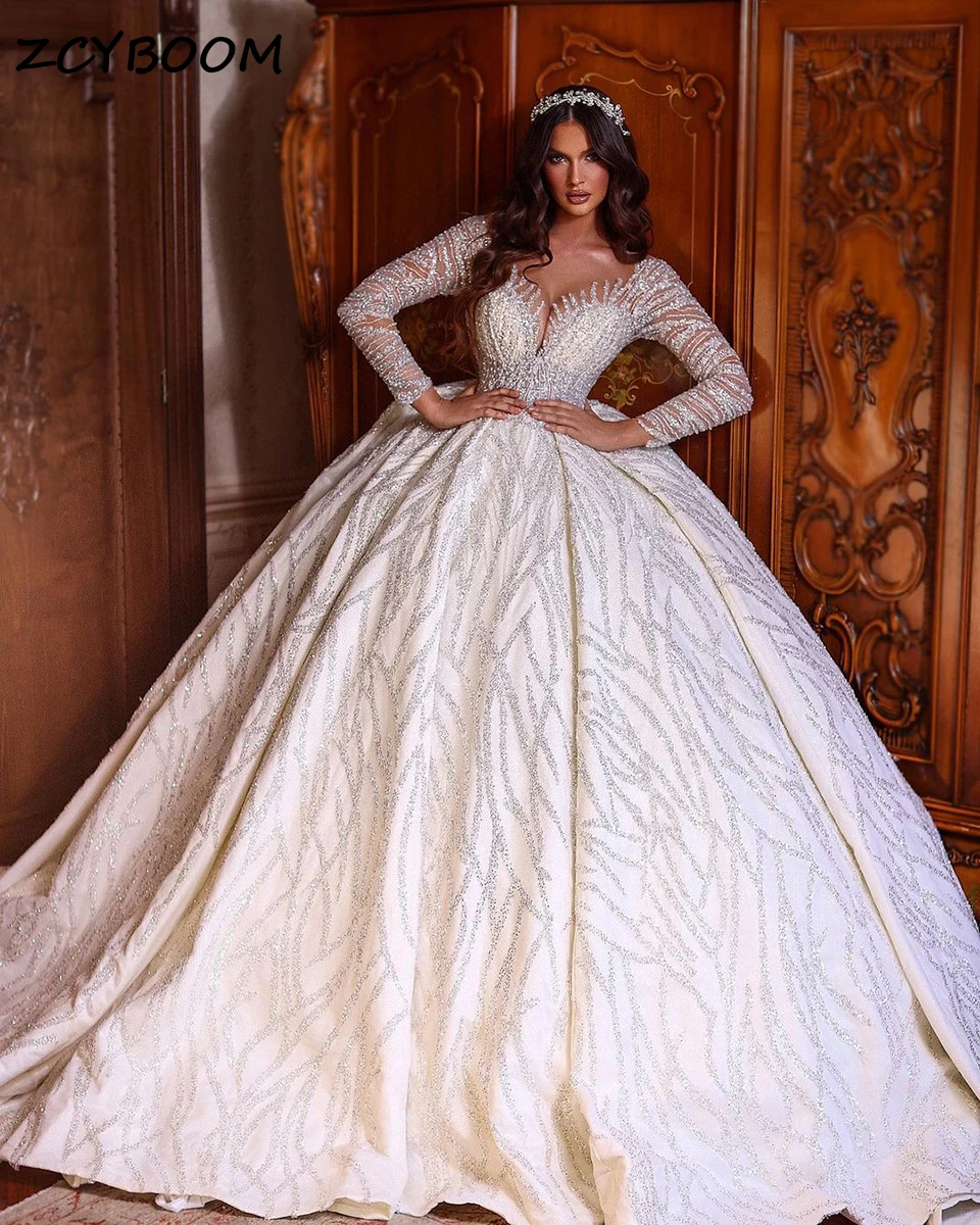 Luxury White/Ivory Dubai Princess Ball Gown Wedding Dress 2026 Sparkly Sequined Long Sleeves O-Neck Bride Gowns Vestido De Novia