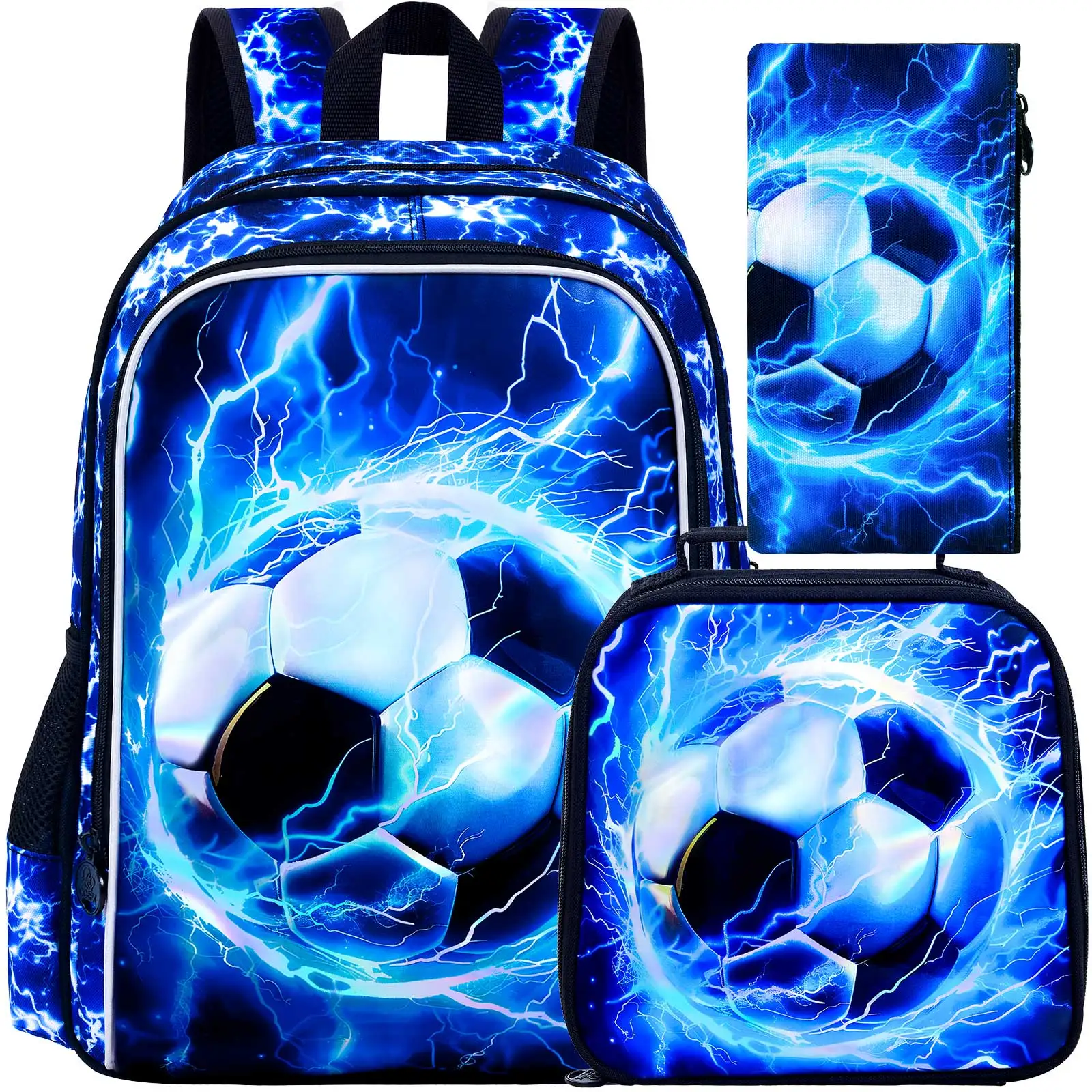 

3PCS Boys Soccer Backpack, Kids Lightning Bookbag with Lunch Box, 17" Water Resistant School Bag for Teenagers Elementary Middle