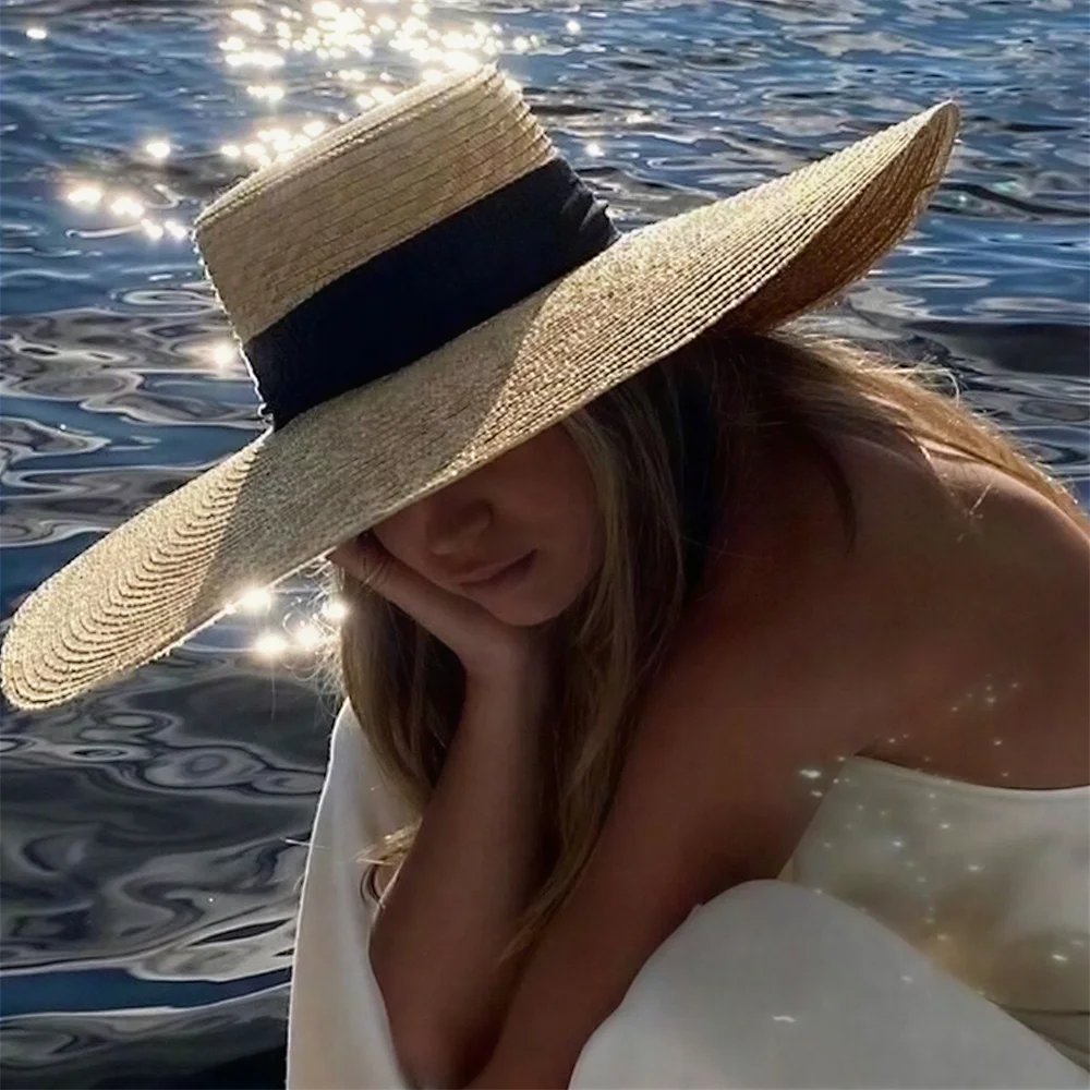 Stroh-Sonnenhut Sommerhut Französischer Eleganter Damen-Strandhut Hepburn-Stil Breiter Krempe Hut Chapeau Femme