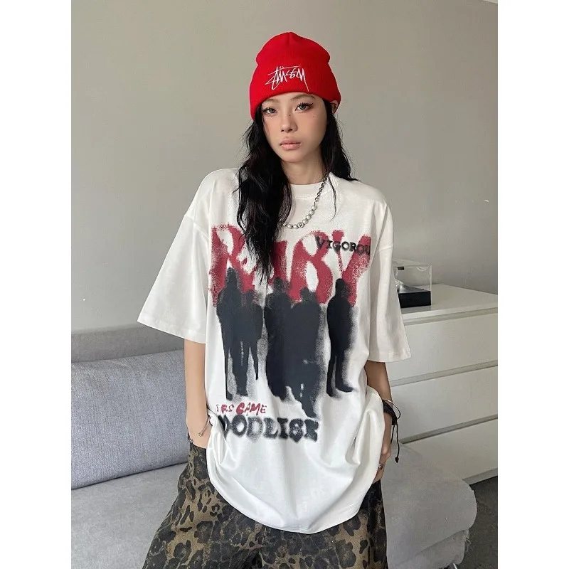 

Juspinice American Hip-hop Style Blurred Printed T-shirts for Women's O-neck Half-sleeved Loose Casual Breathable Tees