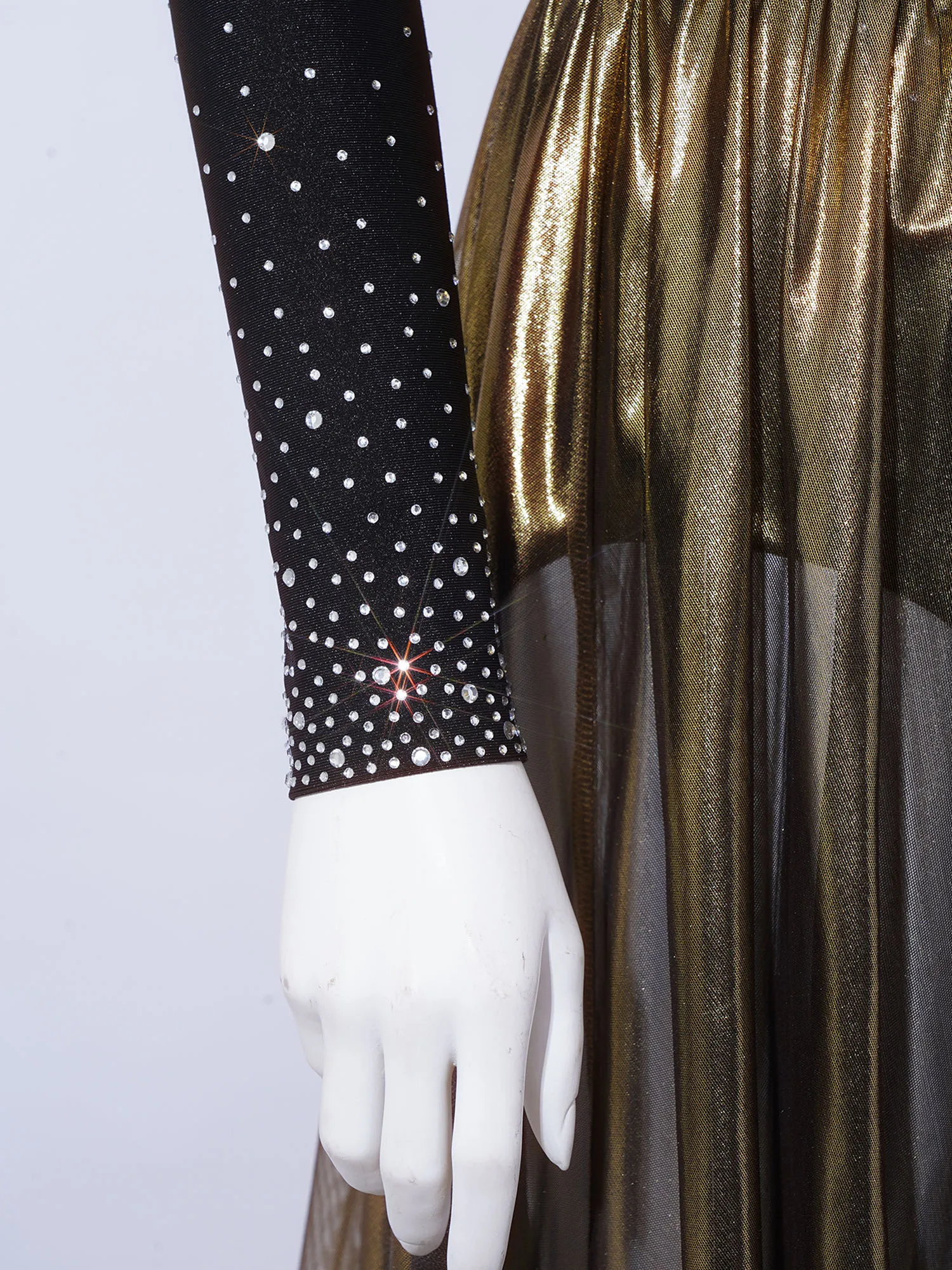 

Women Lyrical Modern Ballet Dance Performance Costume Rhinestones Bodysuit with Metallic Drape Long Sleeve Back Cutout Leotards
