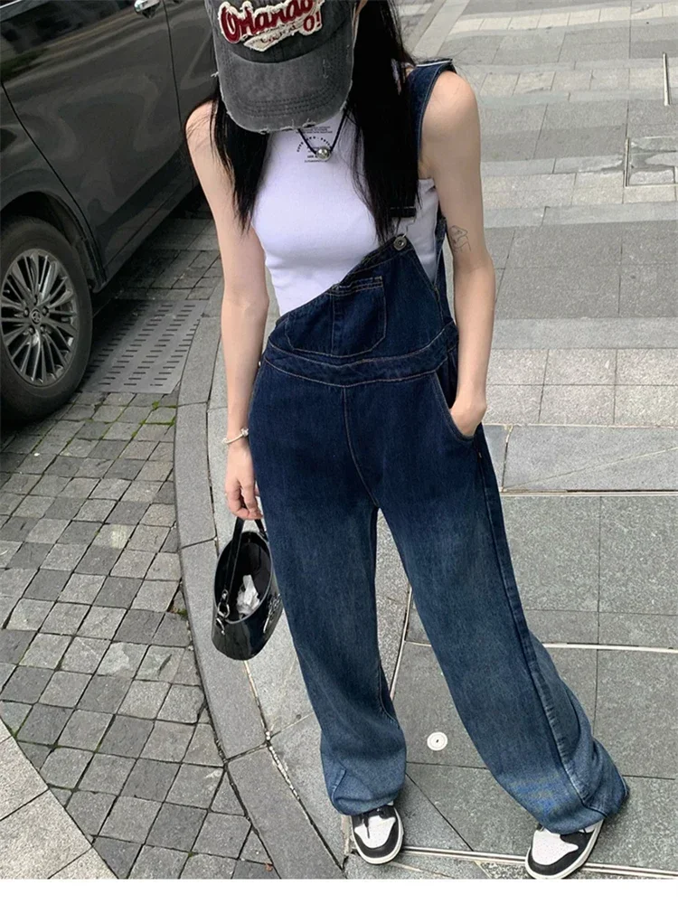 Women's Gradient Blue Single Shoulder Denim Overalls Girl Wide Leg Suspender Jumpsuits Pants Female Streetwear Rompers Trouser