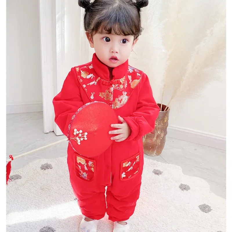 Baju katun murni Tradisional Cina 2 warna untuk bayi perempuan Kawaii Romper merah bordir Hanfu Tang Suit pakaian Tahun Baru