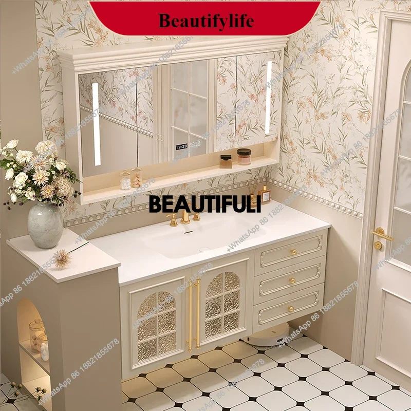 

ZFrench retro bathroom cabinet combination ceramic integrated basin smart mirror cabinet oak paint washstand