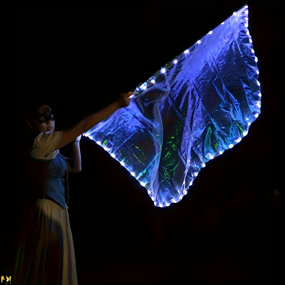 مراوح الرقص الشرقي المضيئة بإضاءة LED مكونة من قطعتين - أعلام متوهجة من القماش الأبيض مع مفتاح، دعائم خيالية للمراقصين والأداء والأزياء التنكرية