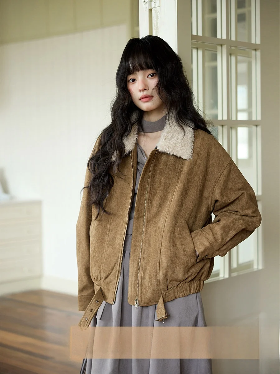 

Корейская стеганая замшевая куртка Ele для женщин, зимнее пальто цвета хаки с хлопковой подкладкой, модное, уникальное, маленького размера, красивое