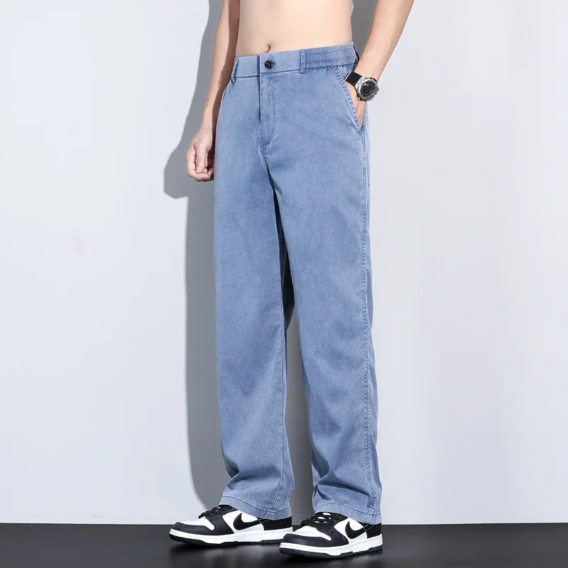 2024 New Summer High Quality Soft Lyocell Fabric Jeans Men Elastic Waist Loose Straight Thin Denim Trousers Male Plus Size M-5XL