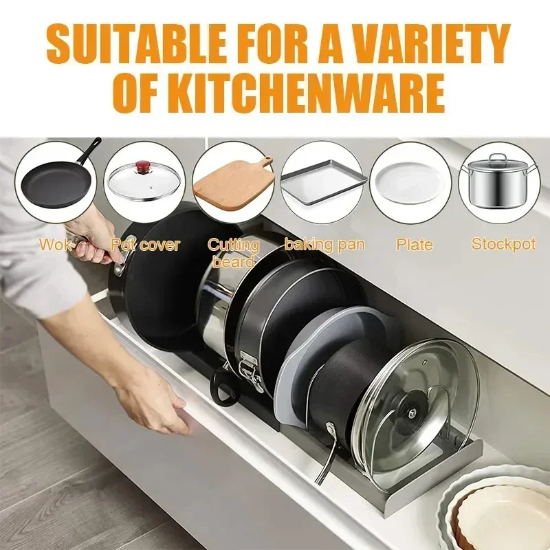 Expandable Pot and Pan Organizer Rack for Cabinet, Pan and Pot Lid Holders with 6 Adjustable Dividers for Kitchen Organization