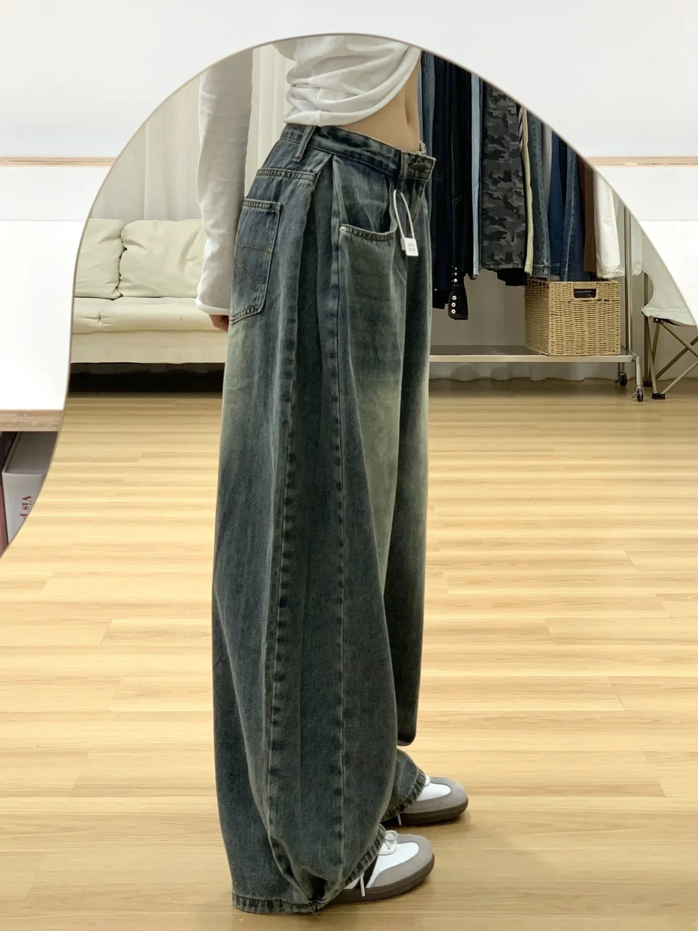 

American Sle High Waist Straight Leg Denim Jeans Women's Spring Autumn Loose Casual Design Slimming Drapey Wide Leg Pants