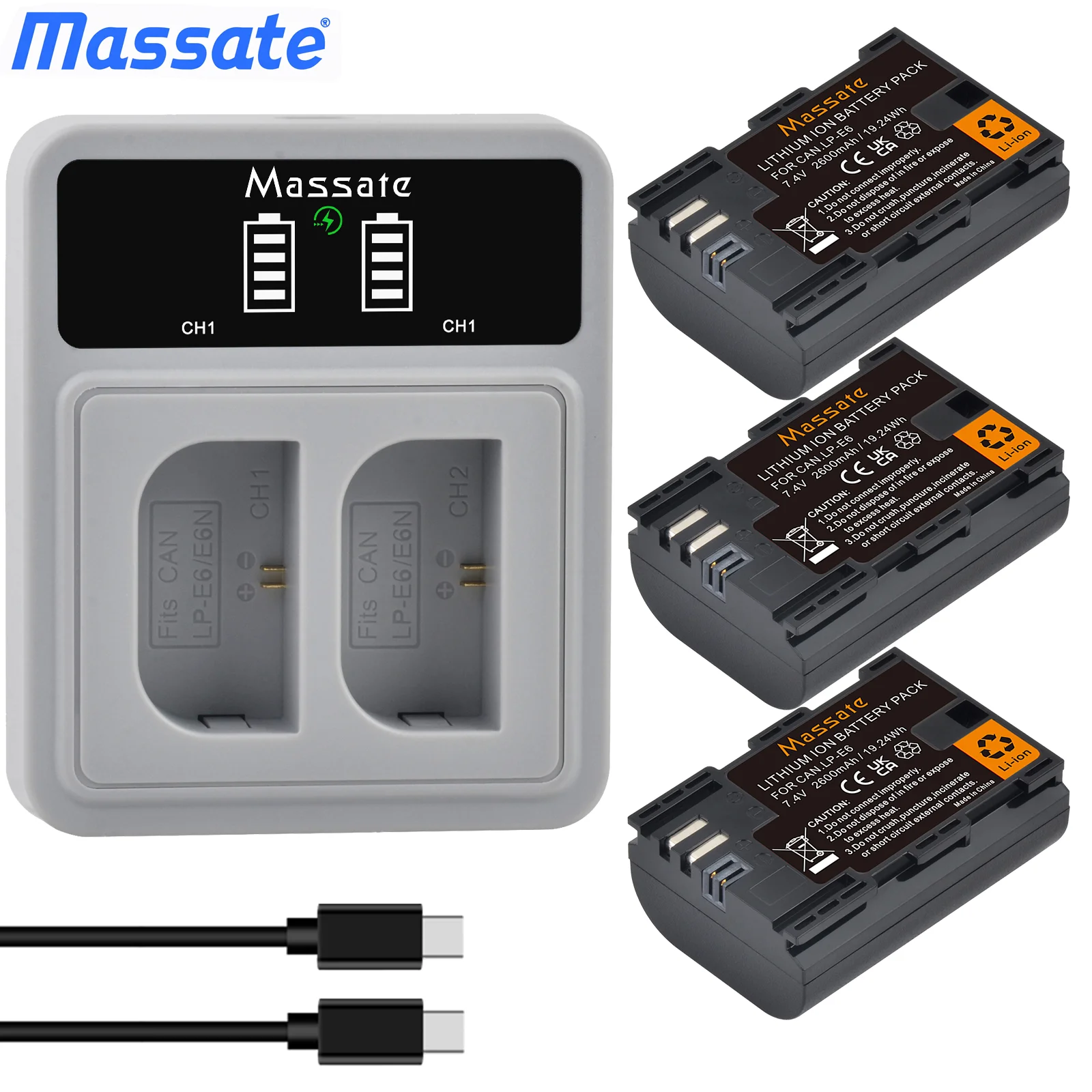 

Massate 2600mA LP-E6 LPE6 LP E6 Battery +Dual USB Charger for Canon EOS 6D 7D 5D Mark II III IV 60D 60Da 70D 80D 90D 5DS R XC10